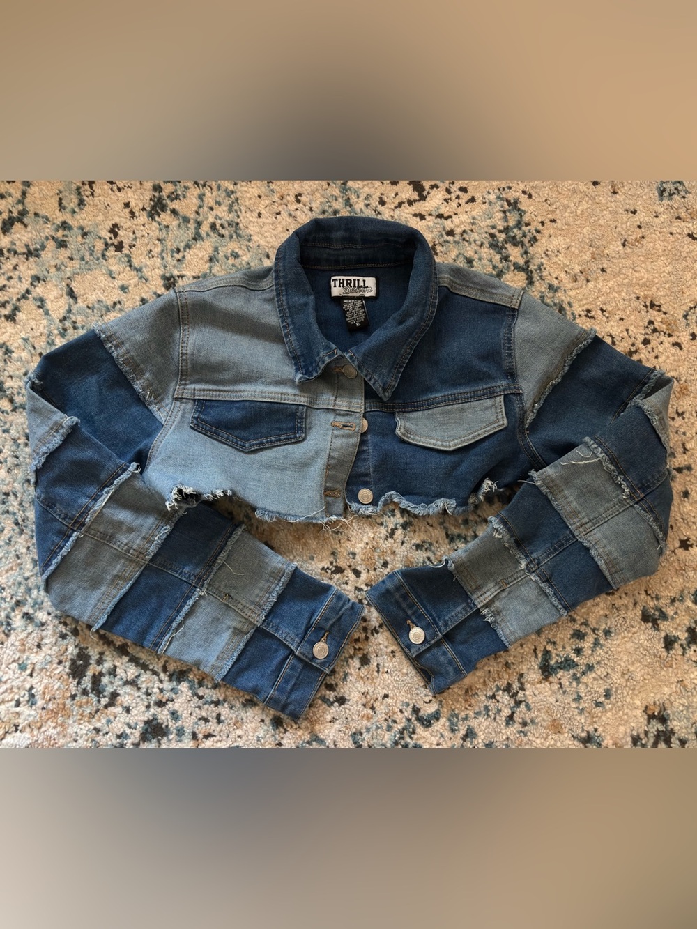 Thrill Denim Patchwork Cropped Denim Jacket - Multi Blue Panels